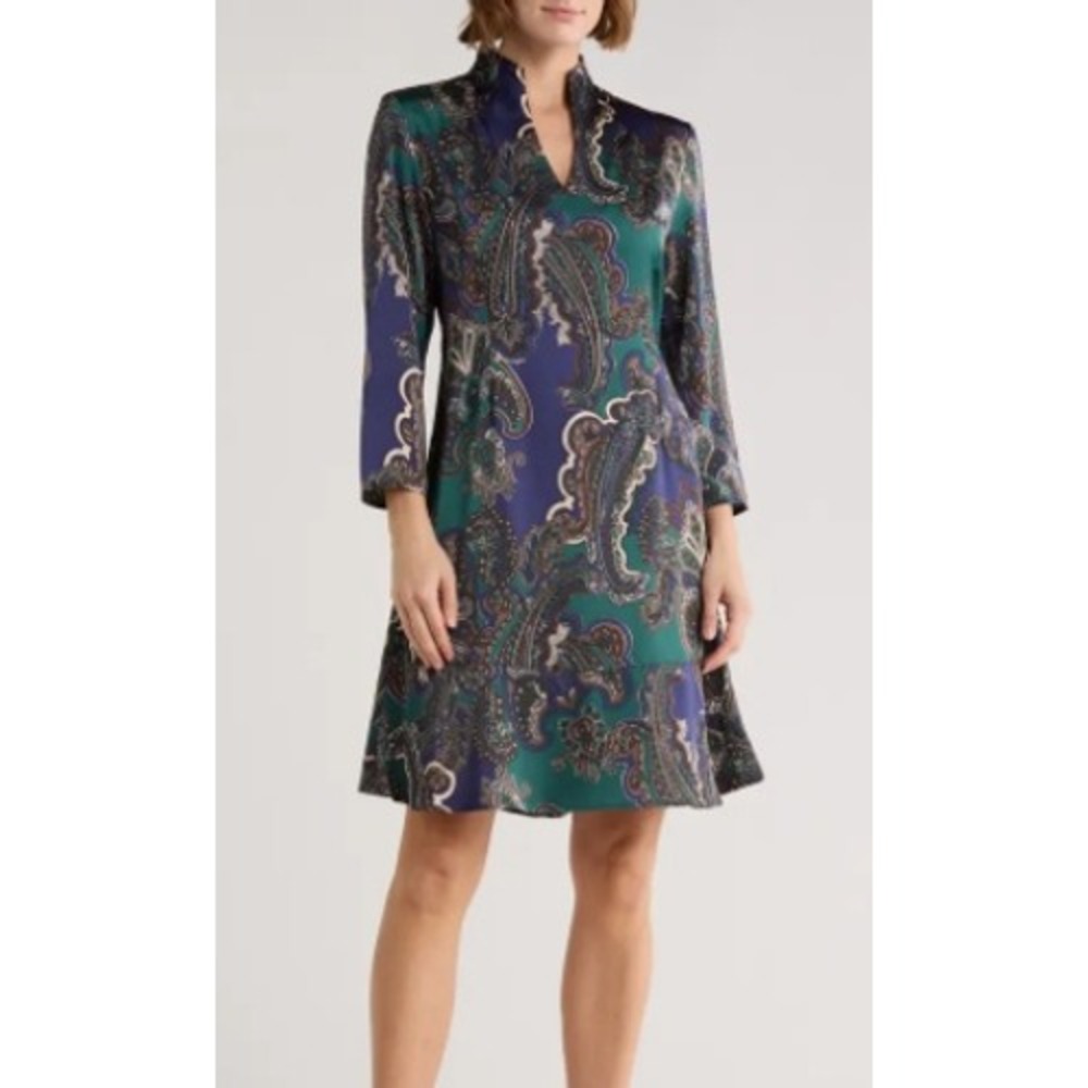 Ming Wang Paisley Crepe de Chine Shift Dress Blue Green 3/4‎ Sleeve Split Neck M